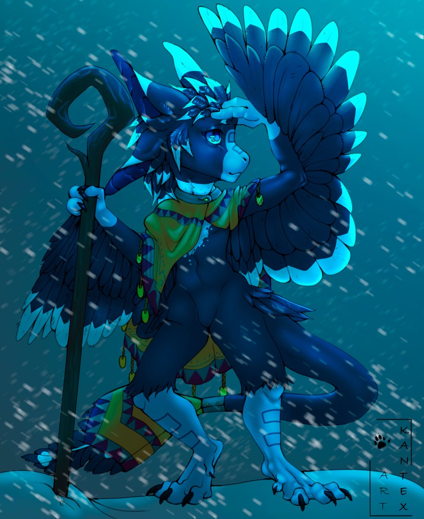 anthro biped blue_body blue_eyes blue_feathers claws feathers hiking male outside smile snow solo standing kantex avali hi_res