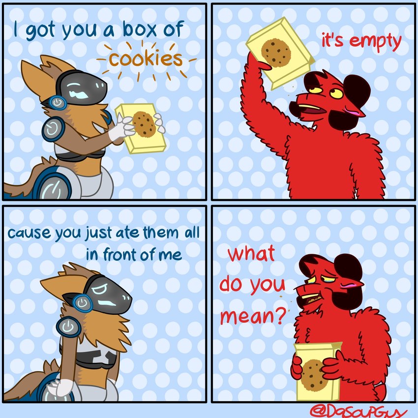 anthro box container cookie dialogue duo eating food holding_object horn humor machine male open_mouth standing text dasoupguy reboot_(character) soup_(dasoupguy) bovid caprine domestic_sheep mammal protogen robot sheep 1:1 2021 comic english_text hi_res multiple_scenes url