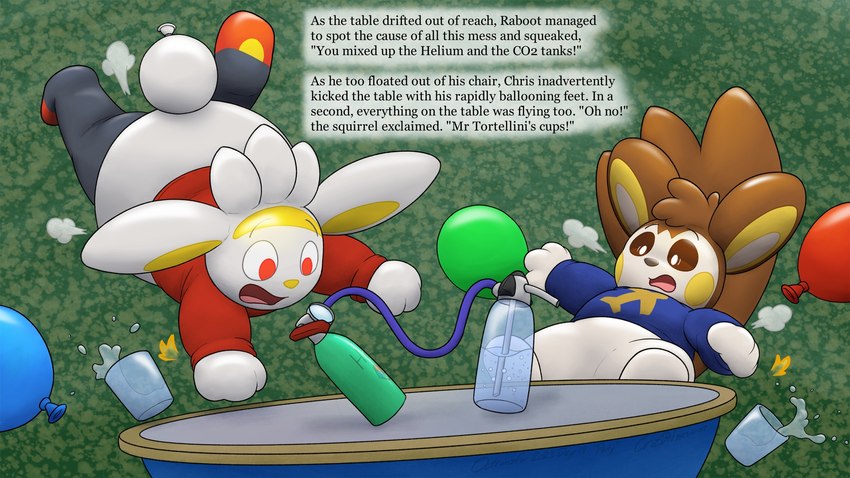 after_transformation air_puff ambiguous_gender anthro balloon balloon_transformation black_text container cup duo floating glass glass_container glass_cup helium_inflation helium_tank inflatable inflation latex text water crizbn nintendo pokemon chris_(crizbn) emolga generation_5_pokemon generation_8_pokemon pokemon_(species) raboot shiny_pokemon 16:9 2023 english_text hi_res story widescreen male_(lore)