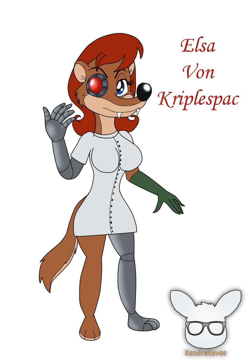 anthro big_breasts blue_eyes breasts clothing coat cybernetic_arm cybernetic_eye cybernetic_leg cybernetic_limb cybernetics elsa_von_kriplespac female hair kendraeevee lab_coat machine red_hair robotic_limbs scientist solo topwear kendratheshinyeevee a_toon_rabbit_in_a_weasels'_den cyborg mammal mustelid musteline true_musteline weasel hi_res