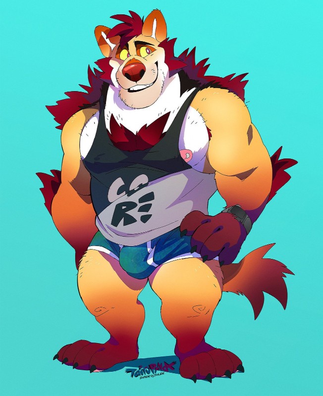 anthro blue_briefs blue_clothing blue_underwear body_hair briefs chest_hair clothed clothing fur hairy male muscular muscular_anthro muscular_male nipples shirt simple_background solo tank_top topwear underwear super-tuler werewaffle canid canine canis mammal wolf 2017 compression_artifacts digital_media_(artwork) hi_res