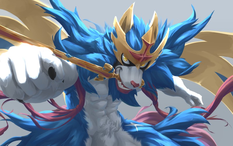 abs action_pose anthro anthrofied blue_body blue_fur fighting_pose fur holding_melee_weapon holding_object holding_sword holding_weapon looking_at_viewer male melee_weapon mouth_hold muscular muscular_anthro muscular_male object_in_mouth open_mouth open_smile pawpads pokemorph pose smile solo sword sword_in_mouth weapon white_body white_fur yellow_eyes skarltano nintendo pokemon canid canine crowned_sword_zacian generation_8_pokemon legendary_pokemon mammal pokemon_(species) zacian 16:10 2019 hi_res widescreen