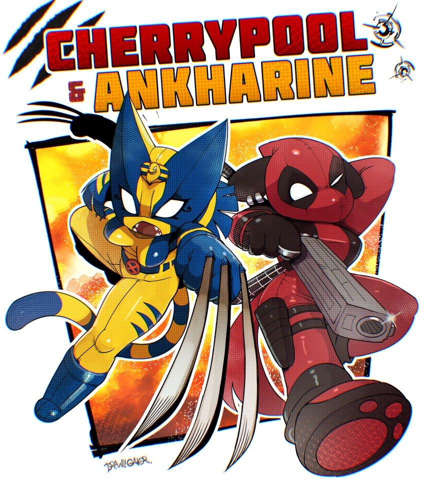 anthro belt boots breasts clothing duo female footwear gun hand_behind_head handgun mask open_mouth ranged_weapon shoes skinsuit tail text tight_clothing uraeus weapon drawligator animal_crossing deadpool_&_wolverine_(2024) marvel nintendo ankha_(animal_crossing) cherry_(animal_crossing) deadpool wolverine_(marvel) canid canine canis domestic_cat domestic_dog felid feline felis mammal 2024 absurd_res english_text hi_res