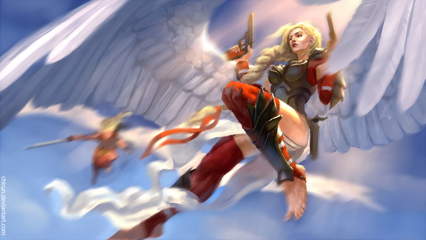 5_fingers 5_toes armor barefoot bent_arm bent_leg black_armor black_breastplate blonde_eyebrows blonde_hair blue_sky blurred_background blurred_character boob_armor braided_hair breastplate breasts clothing cloud dual_wielding duo eyebrows feathered_wings feathers feet female fingernails fingers flowing_hair flying gauntlets gloves greaves gun gun_holster hair handgun handwear holding_gun holding_handgun holding_melee_weapon holding_object holding_pistol holding_ranged_weapon holding_sword holding_weapon leggings legwear light lips long_hair melee_weapon nails not_furry pistol ranged_weapon red_clothing red_eyes red_leggings red_legwear red_lips red_ribbon sky spread_wings sunlight sword tan_body tan_fingernails tan_nails tan_skin tan_toenails text toenails toes weapon white_body white_feathers white_wings wings chirun humanoid winged_humanoid 2016 colored digital_media_(artwork) digital_painting_(artwork) hi_res lighting shaded url