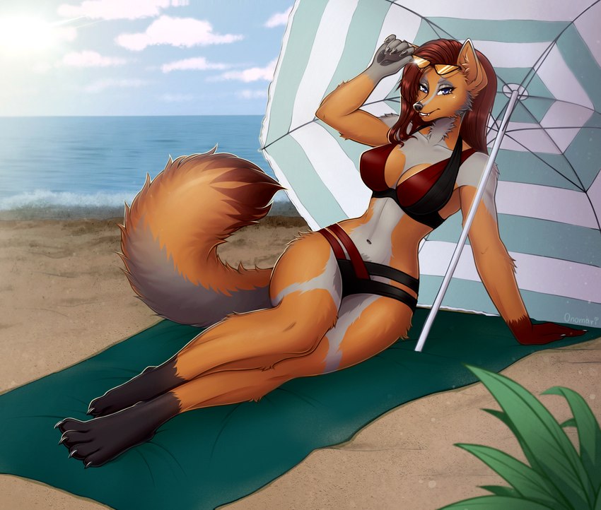 anthro barefoot beach beach_towel beach_umbrella bikini biped breasts brown_hair claws cleavage clothed clothing cloud feet female fur hair hindpaw navel orange_body orange_fur outside parasol paws plant red_bikini red_clothing red_swimwear sand sea seaside sky solo swimwear toe_claws towel two-piece_swimsuit water white_body white_fur onomari epsilon canid canine mammal absurd_res digital_media_(artwork) hi_res shaded