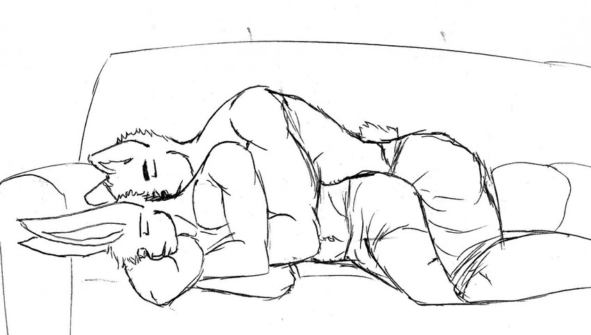 anthro cuddling duo furniture male male/male nap sleeping sofa year caesarmeow bernard_berrisford frederick_lopez albino bear brown_bear grizzly_bear lagomorph leporid mammal rabbit ursine monochrome