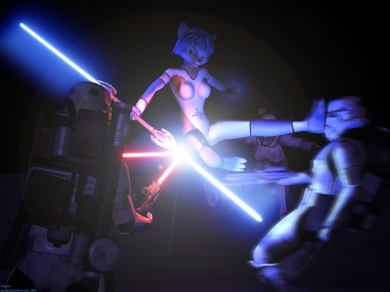 anthro blaster blue_body blue_fur blue_hair blue_lightsaber female fight fur group gun hair jedi lightsaber male melee_weapon military ranged_weapon saberstaff soldier warrior weapon white_body white_fur yngvir nintendo star_fox star_wars krystal_(star_fox) stormtrooper canid canine fox human mammal 4:3 crossover