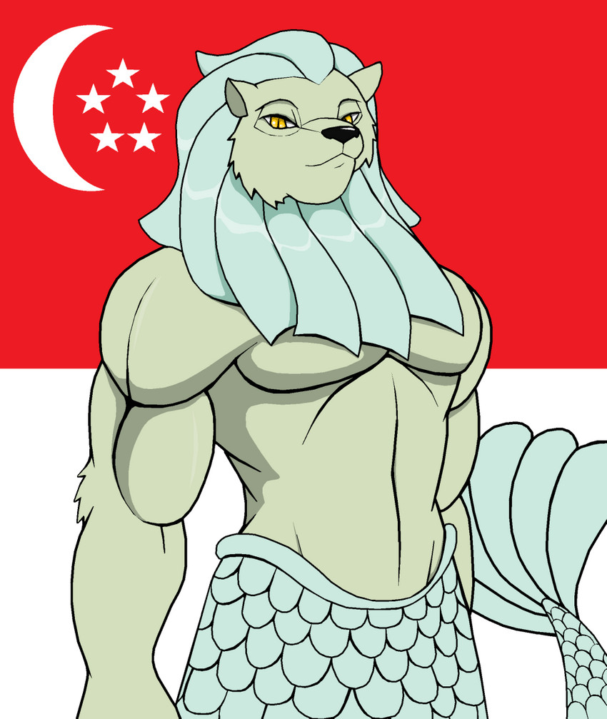 anthro fin flag flag_background half_naked looking_at_viewer male mane muscular muscular_anthro muscular_male singapore singaporean_flag solo droll3 commander hybrid merlion hi_res