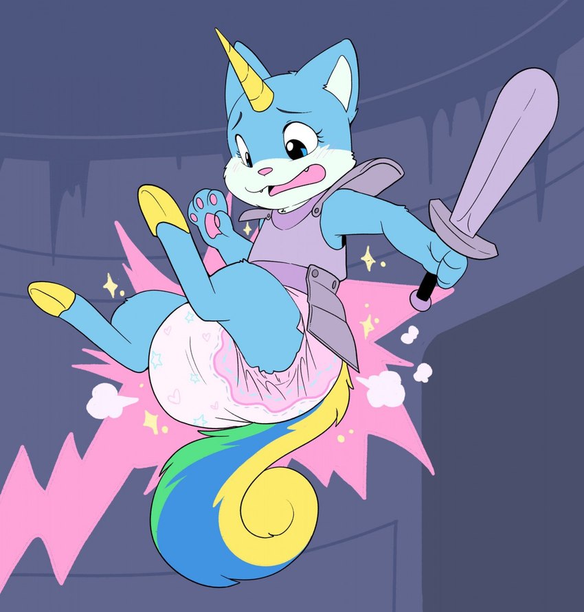 armor blue_body blue_eyes blue_fur clean_diaper clothed clothing diaper female feral fur holding_object holding_weapon hooves horn magic magic_spell melee_weapon multicolored_tail pawpads paws pink_pawpads solo sword tail weapon wearing_diaper bubblepuppers mythology sky_(daxter131) domestic_cat equid equine felid feline felis hybrid mammal mythological_creature mythological_equine unicorn 2019 hi_res