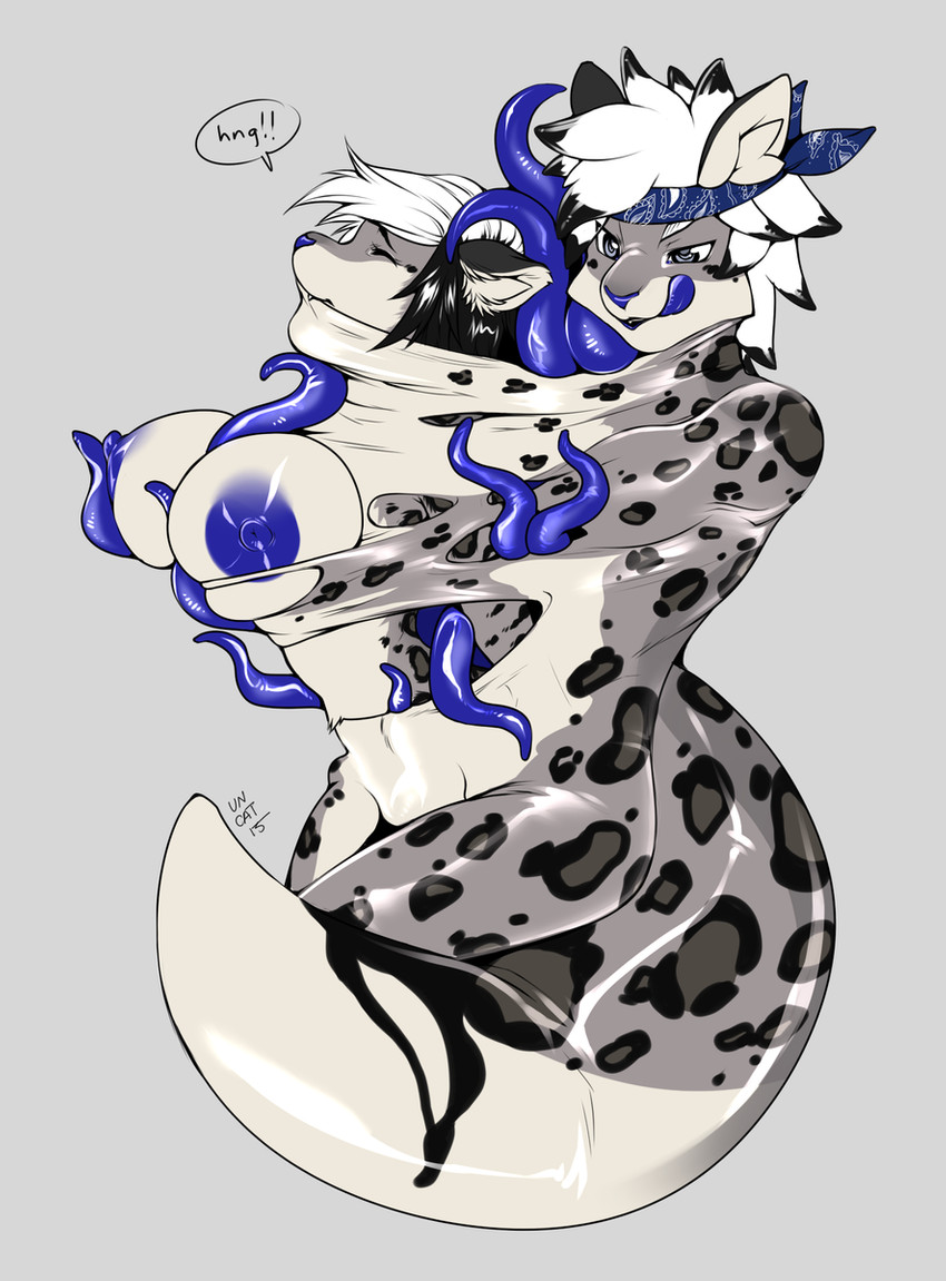 ambiguous_gender anthro areola blue_areola duo female simple_background suit_transformation tentacles transformation unregisteredcat jackson_grayman animate_inanimate felid living_clothing living_costume mammal pantherine snow_leopard symbiote hi_res