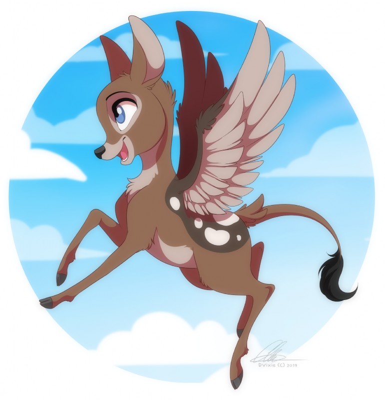 ambiguous_gender blue_eyes brown_body brown_fur detailed_background feathered_wings feathers feral fur hooves open_mouth smile solo teeth tongue wings dvixie avian deer hybrid mammal 2019 digital_media_(artwork) hi_res