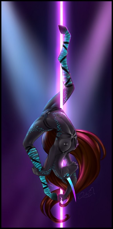 anthro bioluminescence black_border border breasts clothed clothing dancing female glowing glowing_spots hair hooves horn leather midriff nipples piercing pole pole_dancing simple_background smile solo spots spread_legs spreading quillu mythology quillu_(character) equid equine mammal mythological_creature mythological_equine unicorn 2015 digital_media_(artwork) hi_res