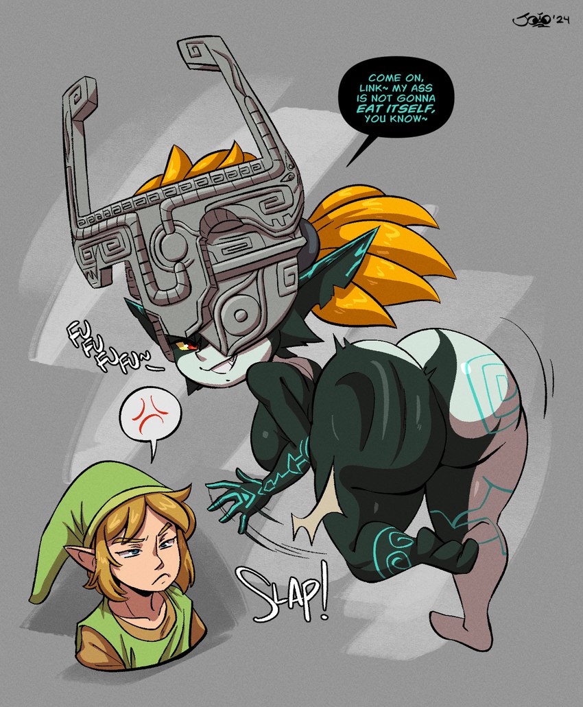 5_fingers armor big_butt blonde_hair blue_eyes breasts butt butt_slap cross-popping_vein dialogue duo female fingers hair headgear helmet huge_butt humanoid_pointy_ears looking_back male not_furry one_eye_obstructed orange_hair plantigrade pointy_ears red_eyes side_boob simple_background slap speech_bubble text thick_thighs yellow_sclera joaoppereiraus nintendo the_legend_of_zelda twilight_princess link midna humanoid hylian twili 2024 english_text hi_res signature