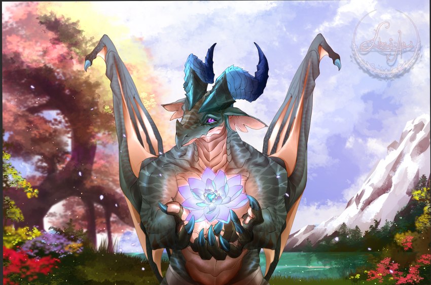 anthro blue_claws blue_horn claws crystal flower gift green_body green_scales horn male plant purple_eyes scales smile smiling_at_viewer solo tan_body tan_scales wings demigod-4 lilian.s blizzard_entertainment european_mythology mythology warcraft reirsyphys dracthyr dragon mythological_creature mythological_scalie scalie western_dragon