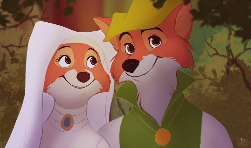 anthro bycocket canon_couple cheek_tuft clothing facial_tuft female fur hat headdress headgear headwear male outside plant smile tuft wimple ritwell disney robin_hood_(disney) maid_marian robin_hood canid canine fox mammal red_fox true_fox 2018 hi_res