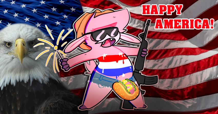 5_fingers american_flag anthro assault_rifle bodypaint bottomwear brown_clothing brown_hat brown_headwear clothed clothing daisy_dukes denim denim_bottomwear denim_clothing denim_shorts eyewear fingers food fur genitals gun hat headgear headwear holidays hot_dog hotpants long_ears m16 male mustard open_mouth patriotism penis penis_hot_dog penis_in_food pink_body pink_ears pink_fur pink_tail politics ranged_weapon real relish_(food) rifle short_tail shorts solo sparkler sunglasses tail united_states_of_america weapon awekiazaruwulpy 4th_of_july bubby_(awekiazaruwulpy) accipitrid accipitriform avian bald_eagle bird bovid caprine eagle mammal sea_eagle sheep colored_sketch full-length_portrait hi_res portrait sketch