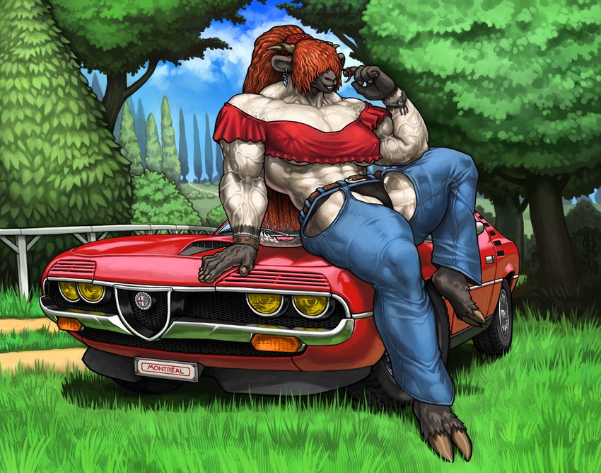 5_fingers abs anthro belt big_breasts big_muscles black_body black_feet black_fur black_hands black_nose bottomwear breasts car clothing covered_eyes feet female fingers fur grass hair hooves horn huge_muscles hyper hyper_muscles jewelry lips long_hair muscular muscular_anthro muscular_female pants pecs plant red_hair road sitting sky smile smiling_at_viewer solo tail teeth thick_lips topwear touching_hair tree underwear vehicle wheel white_body white_fur window ser_halo alfa_romeo bovid caprine mammal sheep absurd_res hi_res