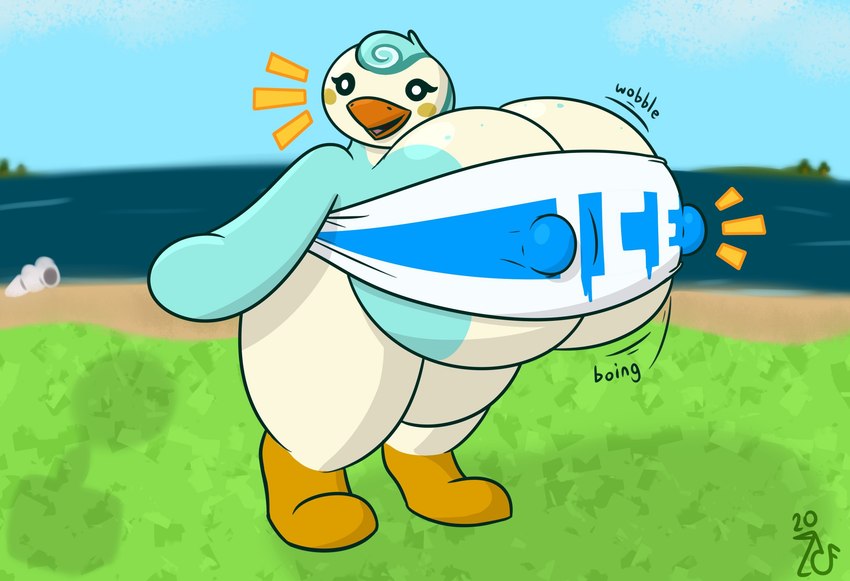 anthro beach beak big_breasts blue_body bottomless bottomless_female bouncing_breasts bra breasts clothed clothing detailed_background female flippers huge_breasts hyper hyper_breasts looking_at_object nipple_outline orange_beak seaside shadow short_stack singature smile solo sound_effects standing stretched_clothing swirl_pattern thick_thighs underwear wide_hips mattthetooncat animal_crossing nintendo sprinkle_(animal_crossing) avian bird penguin 2020 hi_res