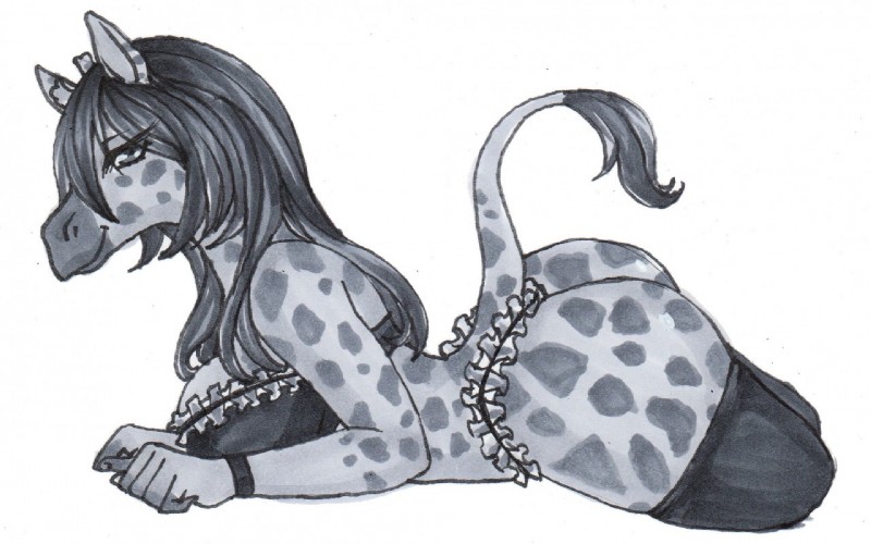 anthro clothing female lingerie pose smile snout solo outenkun crosoe_(xial) giraffe giraffid mammal greyscale monochrome pinup