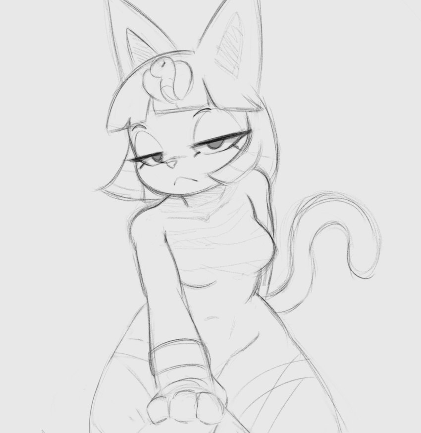 accessory anthro biped bracelet clothed clothing eyelashes female front_view frown frowning_at_viewer fur hair jewelry looking_at_viewer navel skimpy solo tail wraps wraps_only arteficialtrees animal_crossing nintendo ankha_(animal_crossing) domestic_cat felid feline felis mammal hi_res monochrome sketch