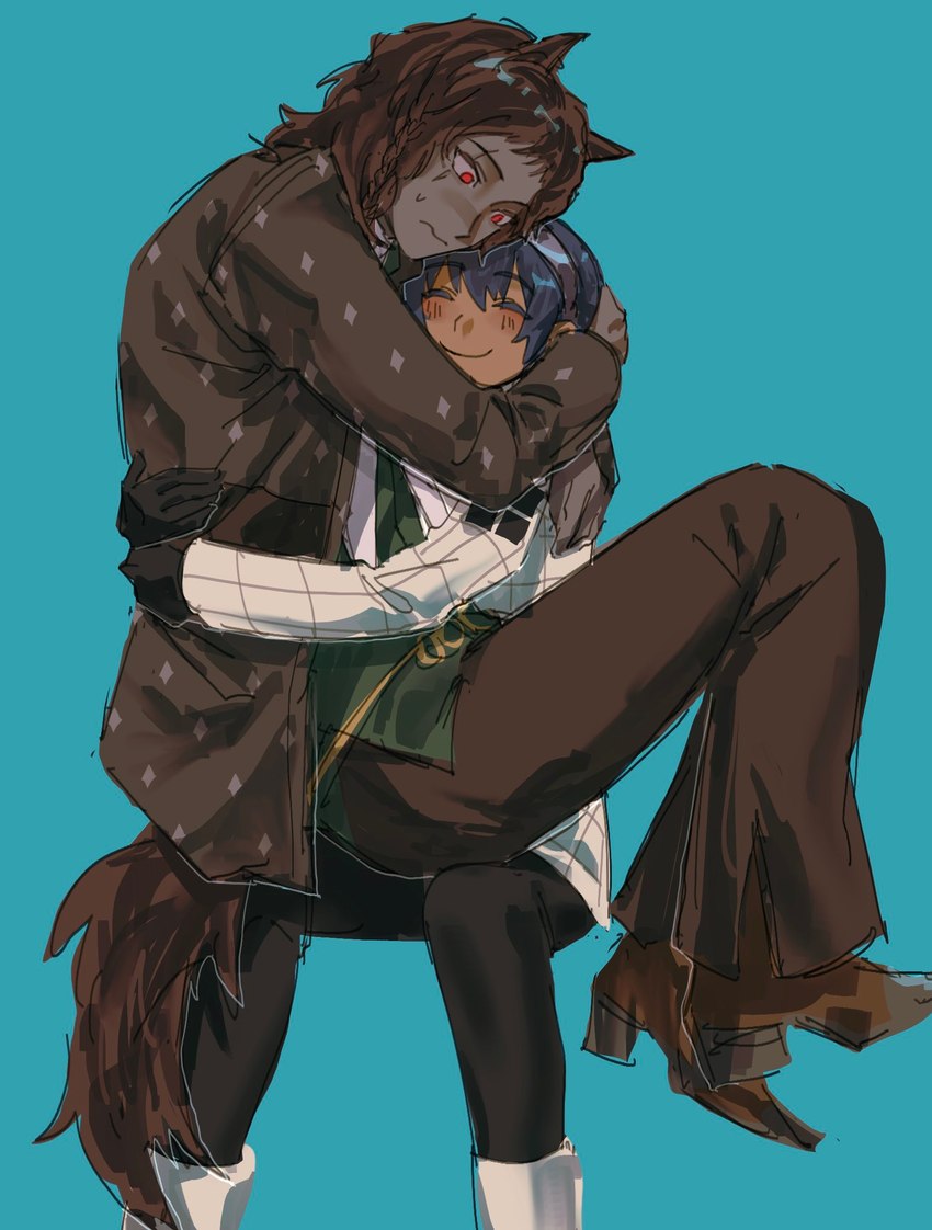 blue_hair blush brown_hair duo eyes_closed hair male male/male olive_skin on_lap red_eyes size_difference smile babykatafan metaphor:_refantazio basilio_magnus will_(metaphor:_refantazio) animal_humanoid canid canid_humanoid canine canine_humanoid human humanoid mammal mammal_humanoid wolf_humanoid hi_res