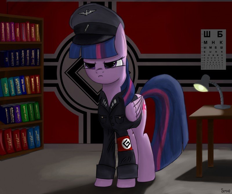 book chart clothing cutie_mark detailed_background eye_chart feathered_wings feathers female feral fur grammar_nazi hair hat headgear headwear military_cap military_uniform multicolored_hair nazi peaked_cap purple_body purple_feathers purple_fur purple_hair solo two_tone_hair uniform wings mrscroup friendship_is_magic hasbro my_little_pony mythology twilight_sparkle_(mlp) equid equine mammal mythological_creature mythological_equine pegasus 2014 hi_res