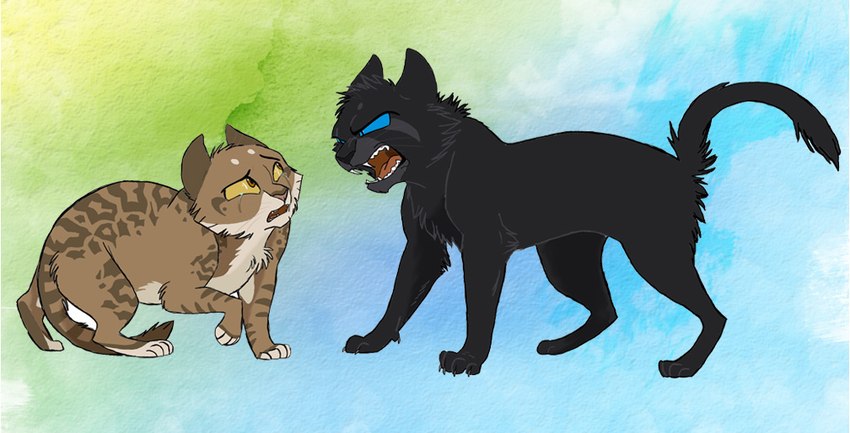 abstract_background ambiguous_gender angry black_body black_fur blue_eyes bodily_fluids brown_body brown_fur chest_tuft cowering crying duo feet feral fur head_tuft orange_eyes paws quadruped tail tears teeth tongue tuft yelling graystripe64 warriors_(book_series) crowfeather_(warriors) leafpool_(warriors) classic_tabby domestic_cat felid feline felis mammal tabby_cat 2010 digital_drawing_(artwork) digital_media_(artwork) female_(lore) male_(lore)