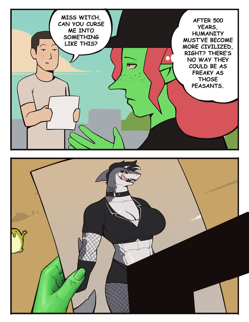 abs anthro armwear big_breasts black_hair black_sclera breasts censored_genitalia censored_penis choker clothing dialogue dorsal_fin duo female fin fishnet_armwear fishnet_clothing freckled_face freckles green_body green_skin grey_body grey_skin gynomorph hair hyper intersex jewelry licking licking_lips male midriff muscular muscular_anthro muscular_gynomorph muscular_intersex necklace notched_tail pupils red_hair requesting sharp_teeth slit_pupils speech_bubble tail tail_fin teeth text tongue tongue_out transformation_request yellow_eyes bonnymama7 elphaba_(bonnymama7) fish human humanoid mammal marine shark absurd_res censored comic english_text hi_res
