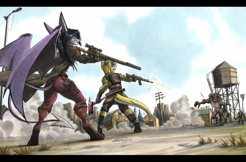 ak-47 ak_platform anthro assault_rifle axe biped black_bars black_hair blood bodily_fluids detailed_background duo_focus female fire_axe fur group gun hair membrane_(anatomy) membranous_wings outside purple_body purple_scales ranged_weapon rattle_(anatomy) rifle scales smoke weapon wings yellow_body yellow_fur yellow_scales ewgengster european_mythology fallout microsoft mythology sherrona canid canine canis coyote deathclaw dragon hybrid mammal mythological_creature mythological_scalie night_stalker_(fallout) pit_viper rattlesnake reptile scalie snake viper western_dragon 2024 absurd_res hi_res letterbox marker_(artwork) traditional_media_(artwork)