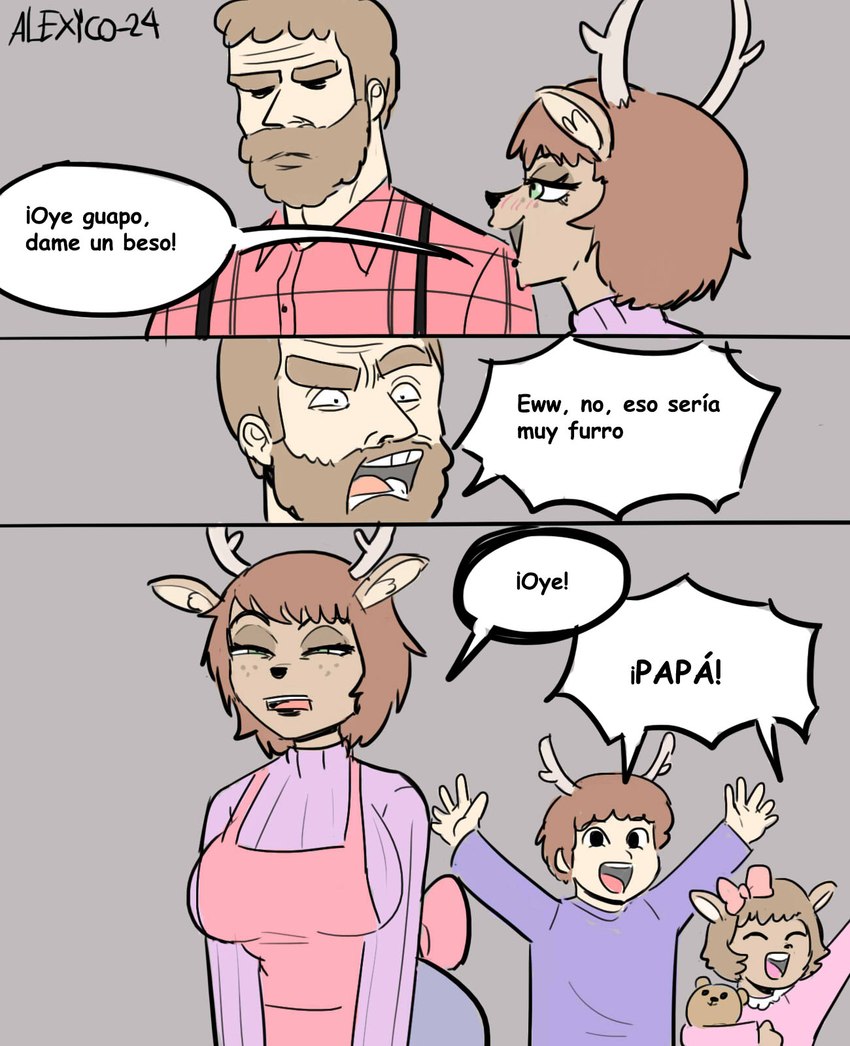 anthro beard big_breasts breasts brown_body brown_hair clothed clothing dialogue facial_hair family female freckles group hair humor lumberjack male male/female simple_background text thecooleralexico_(artist) deer human hybrid mammal comic hi_res signature spanish_text translated