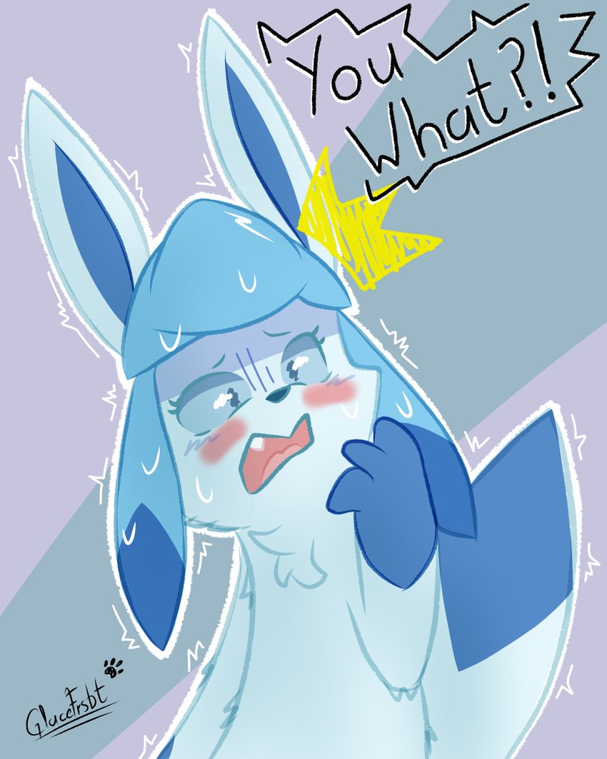 anthro blue_body blue_fur blush bodily_fluids cheek_tuft chest_tuft cute_fangs facial_tuft fangs female fur open_mouth paws shaded_face shaking shivering simple_background solo surprised surprised_expression sweat tail teeth text tuft glacefrostbite nintendo pokemon eeveelution generation_4_pokemon glaceon pokemon_(species) 4:5 hi_res