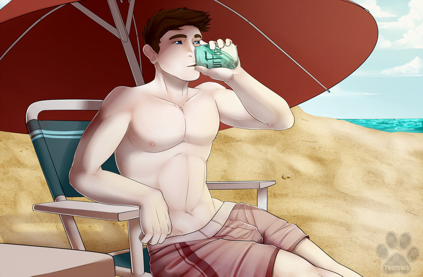 beach beverage beverage_can blue_eyes bottomwear brown_hair bulge chair clothing cloud cooler detailed_background drinking furniture hair human_only imminent_transformation male navel nipples not_furry outside potion pre-transformation sand sea seaside shorts sitting sky soda solo swimwear table transformation transformation_potion umbrella under_shade water fasttrack37d moka_(character) human mammal 2013 digital_media_(artwork) story story_in_description