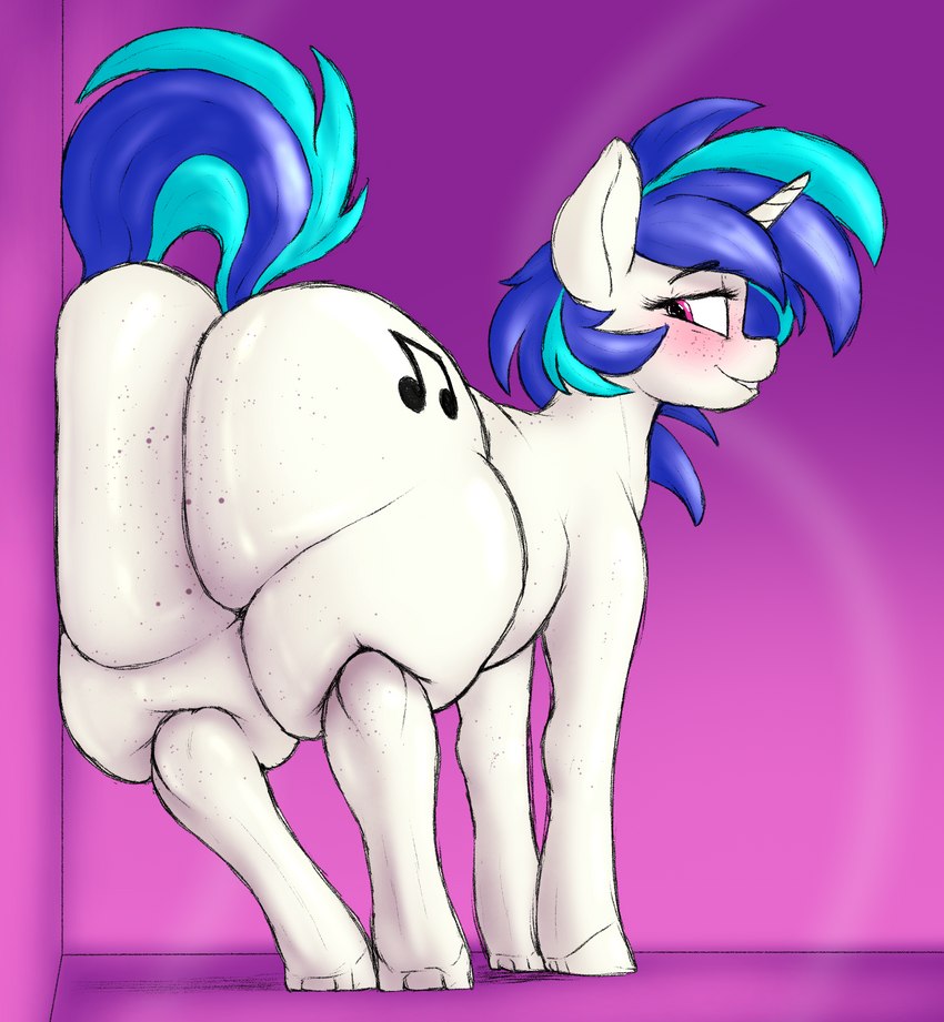 big_butt bite biting_lip blue_hair blue_tail blush butt cutie_mark eyelashes female feral freckles hair hooves horn pink_eyes smile solo tail thick_thighs white_body white_hooves crazy_water doomfister friendship_is_magic hasbro my_little_pony mythology vinyl_scratch_(mlp) equid equine mammal mythological_creature mythological_equine unicorn digital_media_(artwork) hi_res