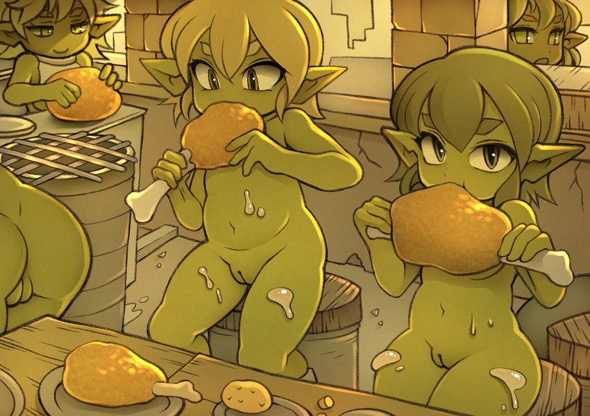 butt eyebrows female fingers food genitals green_body group hair holding_food holding_object looking_at_viewer not_furry nude plate pussy short_stack sitting smile noise_(artist) goblin humanoid 2023 digital_media_(artwork) hi_res