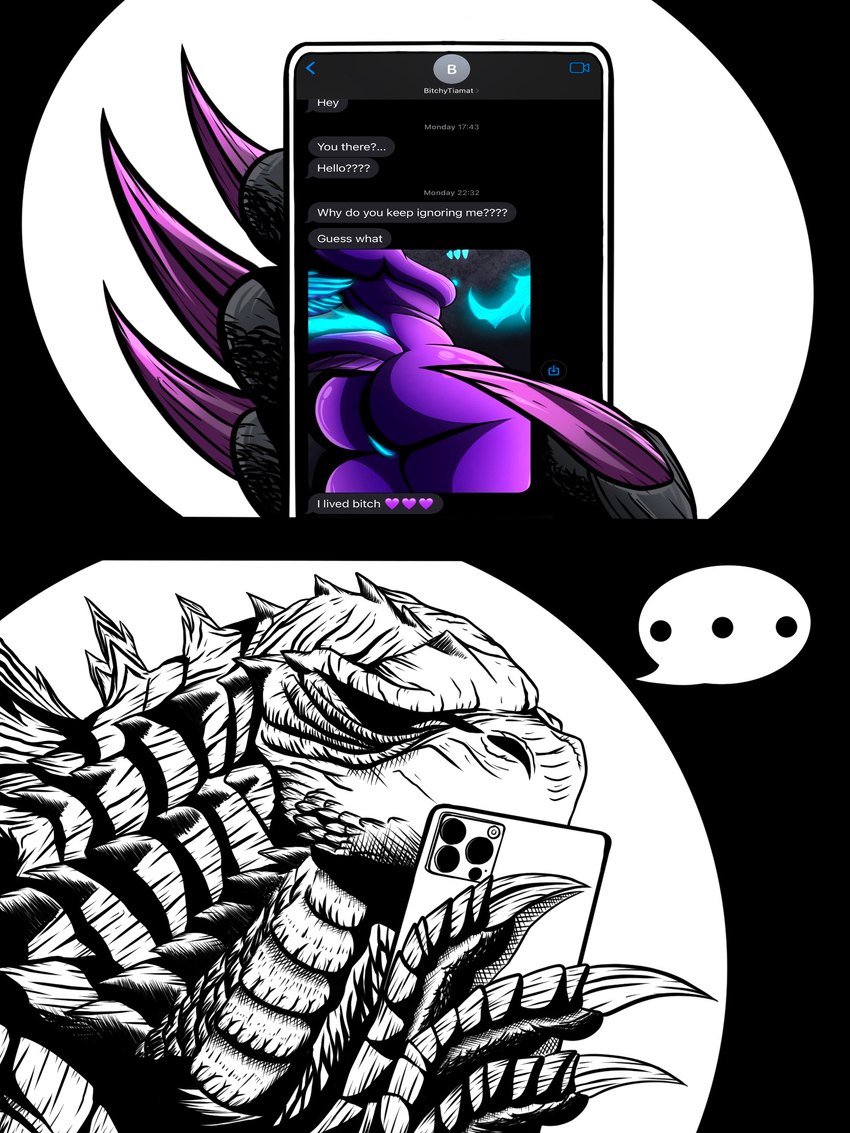 anthro areola big_butt blue_areola blue_nipples butt duo electronics female feral male nipples nude nude_female phone phone_screen profanity scales sending_nudes simple_background text thick_thighs znackyartz godzilla_(series) monsterverse toho godzilla tiamat_(godzilla) tiamat_(kaiju) kaiju monster scalie 3:4 english_text hi_res line_art