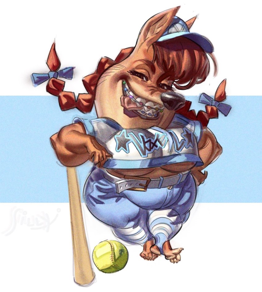 anthro baseball_uniform blue_clothing braces breasts clothed clothing female pigtails short_stack simple_background smile solo sportswear under_boob uniform sillysilly chicken_little_(2005) disney foxy_loxy_(2005) canid canine fox mammal hi_res