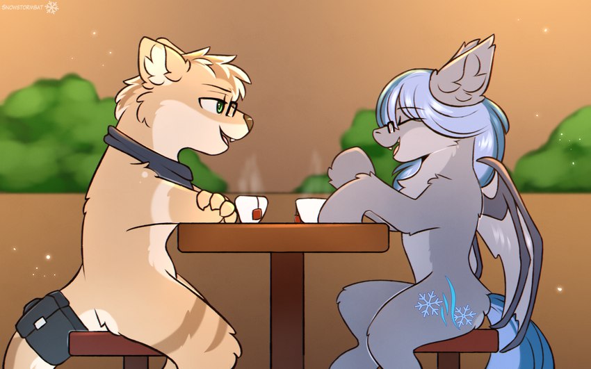 anthro beverage dialogue eyewear feral glasses kerchief male sitting smile tea snowstormbat hasbro my_little_pony adrian_(snowstormbat) midnight_snowstorm bat_pony equid equine horse mammal mustelid otter pony 16:10 absurd_res hi_res widescreen