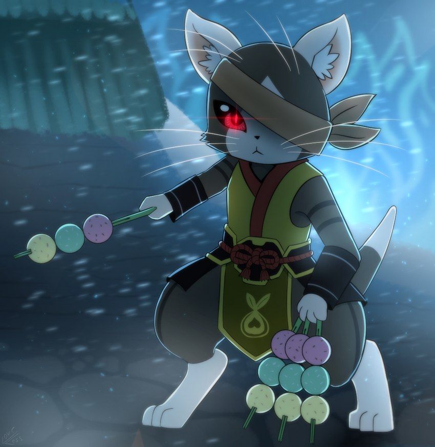 anthro black_sclera blizzard_(weather) clothed clothing dango_(food) dark_body dark_fur detailed_background digitigrade dipstick_tail eye_glint fire food front_view fur glint gloves_(marking) holding_food holding_object leg_markings male markings outside parody red_eyes snow snowing socks_(marking) solo tail tail_markings whiskers vavacung capcom monster_hunter standing_here_meme felid felyne lynian mammal melynx palico full-length_portrait portrait