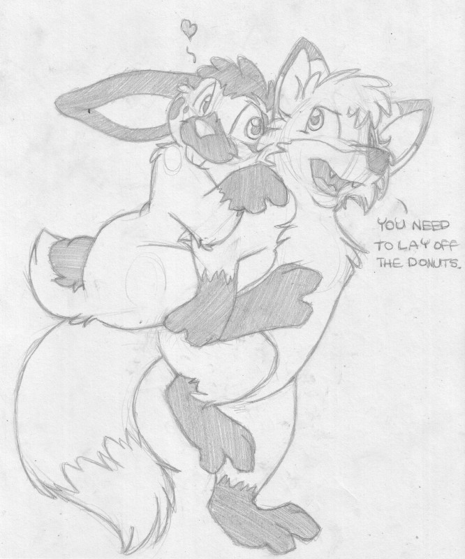 annoyed anthro buckteeth carrying_another cute_fangs dialogue duo fangs featureless_crotch fur heart_symbol looking_back male nude open_mouth piggyback semi-anthro size_difference teeth text walking mizzyam caribbean_fox_(character) spotted_bunny canid canine fox lagomorph leporid mammal rabbit absurd_res english_text graphite_(artwork) greyscale hi_res monochrome traditional_media_(artwork)