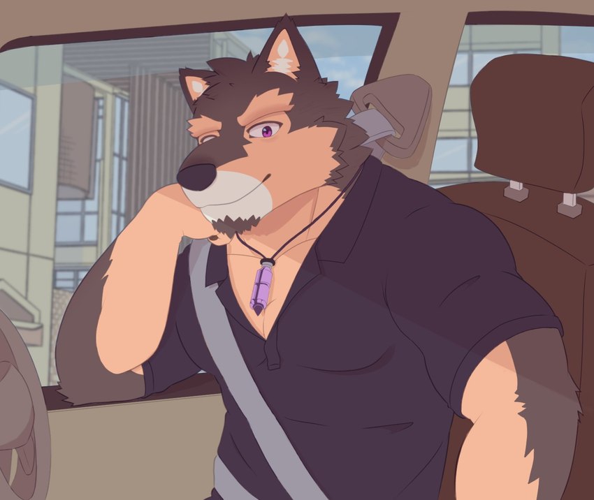 anthro brown_body brown_fur car countershading fur inside_car inside_vehicle jewelry looking_at_viewer male muscular muscular_anthro muscular_male necklace pecs purple_eyes seatbelt vehicle shi_ba_ki_chi lifewonders live_a_hero pubraseer canid canine canis domestic_dog german_shepherd herding_dog mammal pastoral_dog hi_res