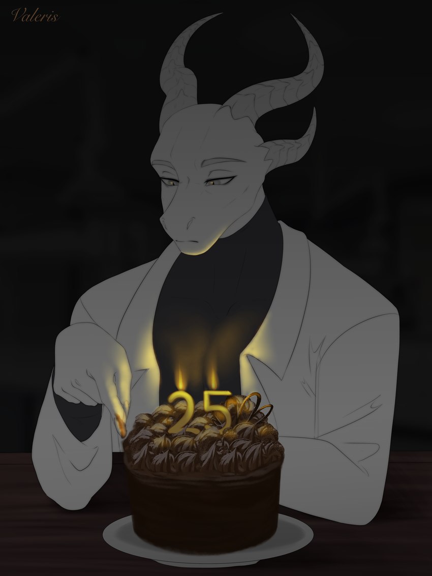 anthro birthday cake candle clothing coat dessert eyebrows food grey_eyebrows grey_eyes grey_horn horn lab_coat looking_down male muscular muscular_male sad sitting solo sweater topwear turtleneck white_body valeris mythology saren_(saren662) dragon mythological_creature mythological_scalie scalie 2025 3:4 absurd_res hi_res