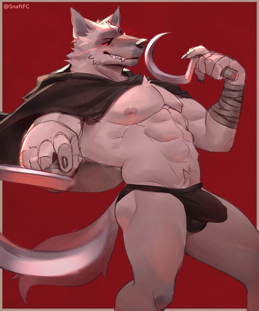 5_fingers abs anthro bandage biceps big_bulge black_clothing black_jockstrap black_underwear bulge cape claws clothing fangs fingers fur grey_body grey_fur hood jockstrap looking_at_viewer male mostly_nude muscular muscular_anthro muscular_male nipples pecs pubes red_background red_eyes sickle simple_background smile smiling_at_viewer solo standing tail teeth underwear weapon white_body snaftfc dreamworks puss_in_boots_(franchise) death_(puss_in_boots) canid canine canis mammal wolf 5:6 absurd_res hi_res