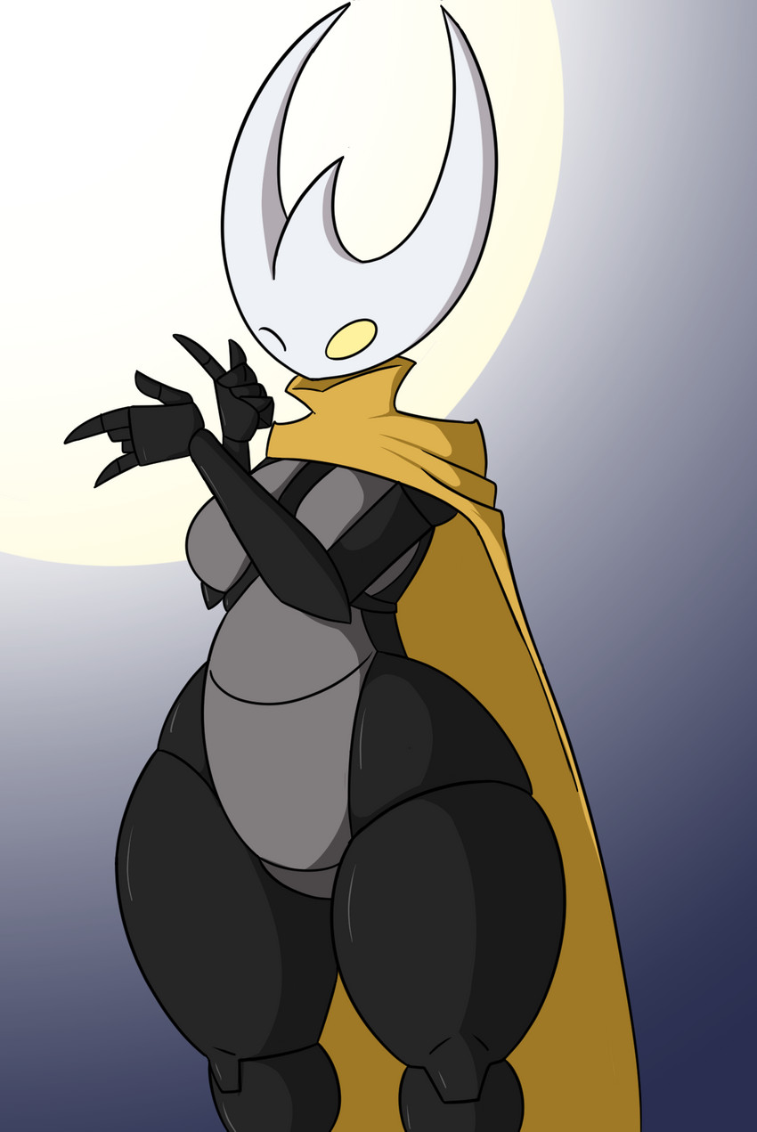 anthro black_body black_eyes cape clothing female horn radiant_hornet solo white_horn wide_hips king_of_sorrow_(artist) hollow_knight team_cherry hornet_(hollow_knight) arthropod humanoid hi_res