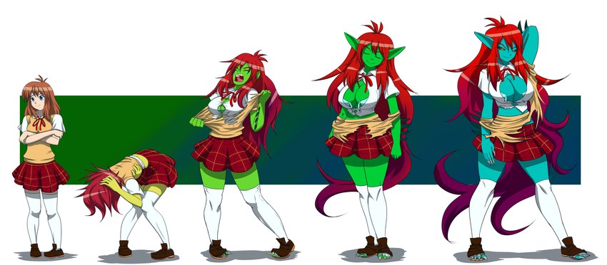 basic_sequence big_breasts black_sclera bottomwear breasts clothed clothing female five_frame_image five_frame_sequence fully_clothed green_body green_skin growth hair human_to_humanoid humanoid_pointy_ears linear_sequence long_hair looking_at_viewer multi_frame_sequence not_furry pointy_ears red_hair simple_background skirt smile solo species_transformation standing torn_clothing transformation transformation_sequence kojiro-brushard elaine_melbourne helen_hyde human humanoid mammal 2013 hi_res sequence