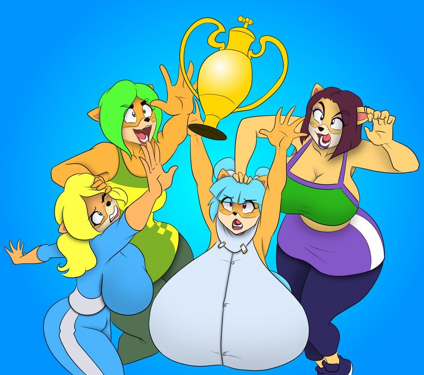 anthro award big_breasts breasts female female/female fur group huge_breasts hyper hyper_breasts trophy marauder6272 activision crash_bandicoot_(series) crash_team_racing_(series) crash_team_racing_nitro-fueled ami_bandicoot isabella_bandicoot liz_bandicoot megumi_bandicoot