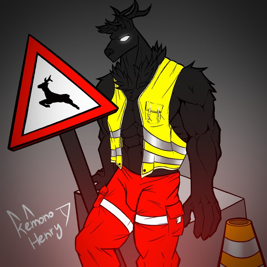 anthro antlers black_body cone construction_worker horn male sign signpost solo worker kemonohenry deer mammal 1:1 hi_res