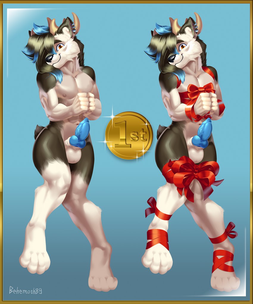 anthro bdsm bondage bound bow_(feature) countershading erection genitals holidays male penis piercing solo behemoth89 christmas canid canine canis domestic_dog hybrid mammal wolf 5:6 absurd_res hi_res