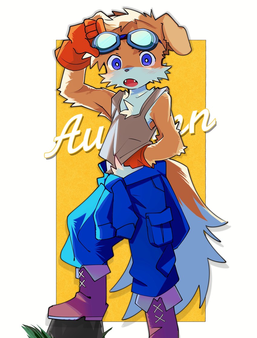 anthro autumn blue_eyes blush blush_lines boots clothing eyewear fangs floppy_ears footwear fur goggles kemono looking_at_viewer male sagging_pants shoes solo teeth young young_anthro young_male bakeneko_sky autumn_(bakeneko_sky) canid canine canis domestic_dog mammal absurd_res hi_res