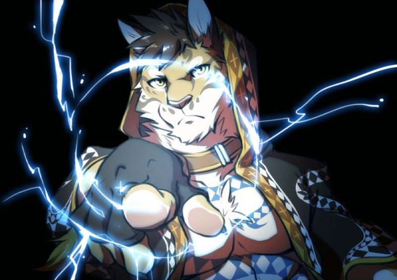 abs anthro chest_tuft claws clothed clothing collar countershading electricity fingerless_gloves fur gesture gloves hair hand_gesture handwear lightning male muscular muscular_anthro muscular_male open_clothing open_shirt open_topwear pecs pointing pointing_at_viewer shirt simple_background solo tattoo topwear tuft orzero nekojishi studio_klondike likulau clouded_leopard felid mammal pantherine 2017 digital_media_(artwork)