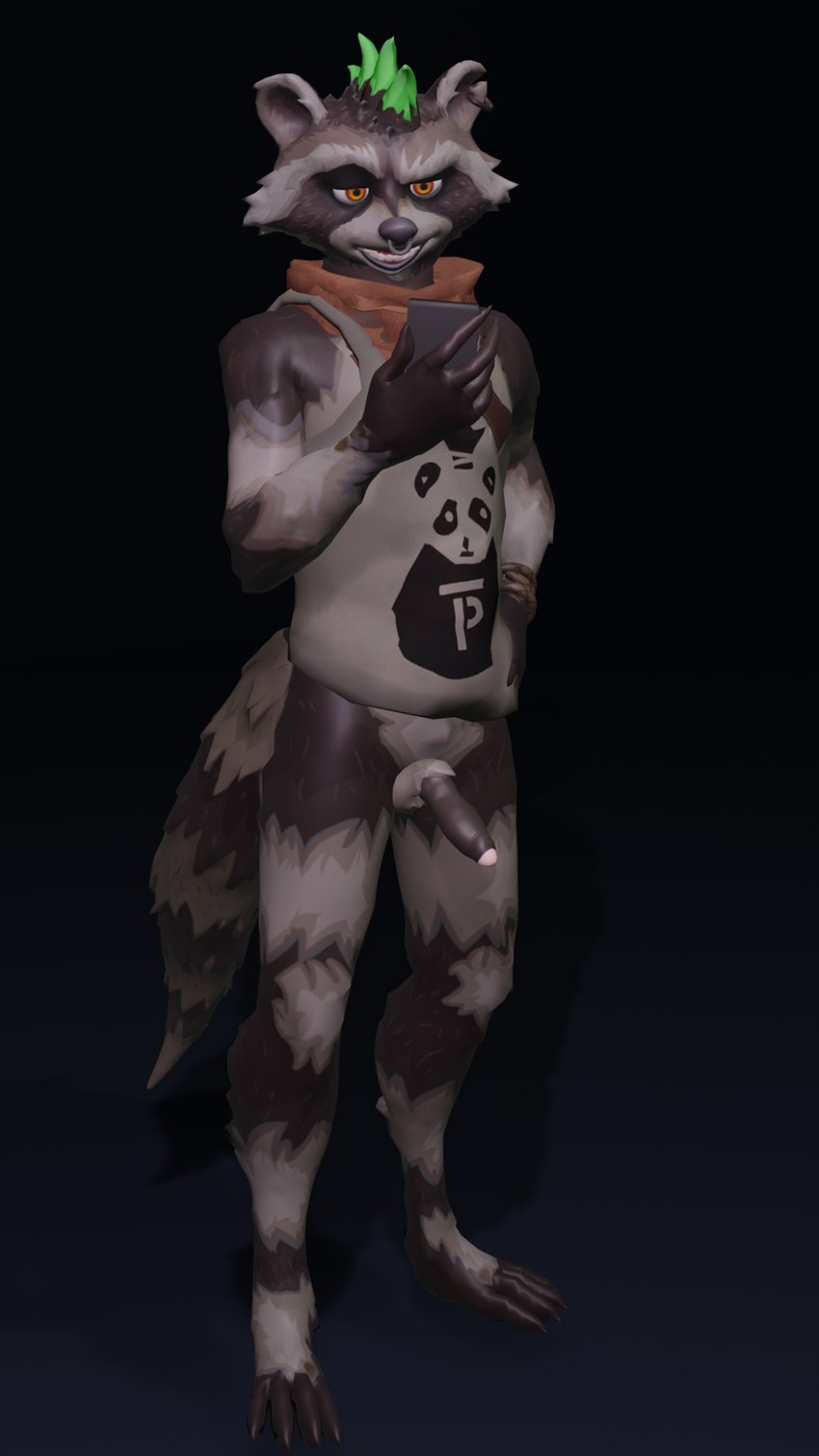 anthro brown_body clothing ear_piercing facial_piercing feet genitals green_hair hair holding_object male mohawk nose_piercing nose_ring nude orange_eyes penis piercing ring_piercing shirt solo tain topwear yellow_eyes pat3awelitas300 epic_games fortnite rufus_(fortnite) mammal procyonid raccoon 9:16 hi_res